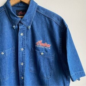Indian Motorcycle Embroidered Two Pocket Button Down Short Sleeve Denim Shirt